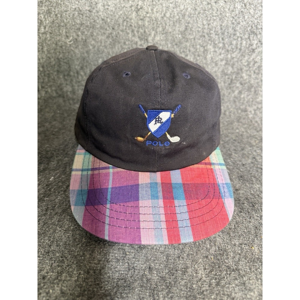 Vintage POLO Ralph Lauren Golf Shield Crest Hat Adjustable Made In USA Plaid